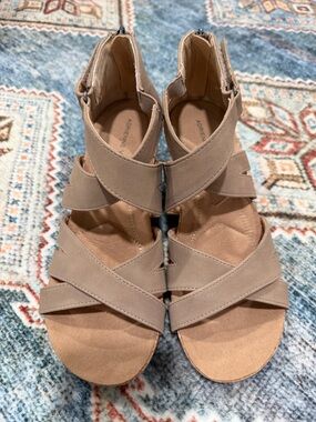 Adrienne Vittadini Taupe Crisscross Wedge Sandals